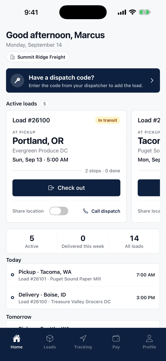 FleetTMS driver app — Home